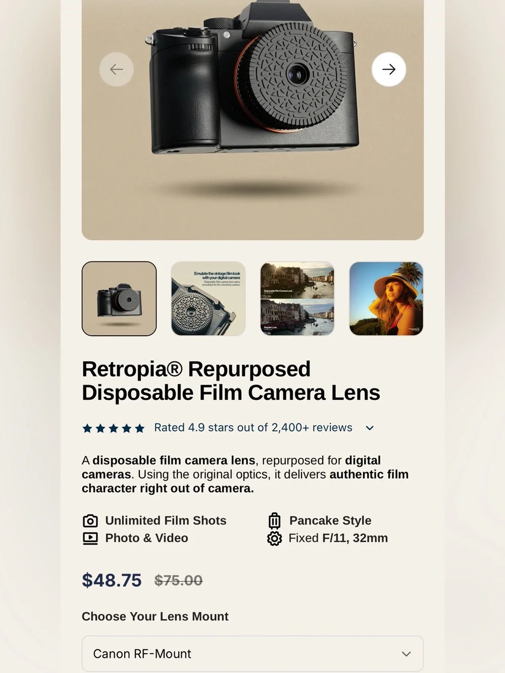 Retropia Camera Lens - Canon RF mount - 32mm 1:10 Focus Free - NWOT